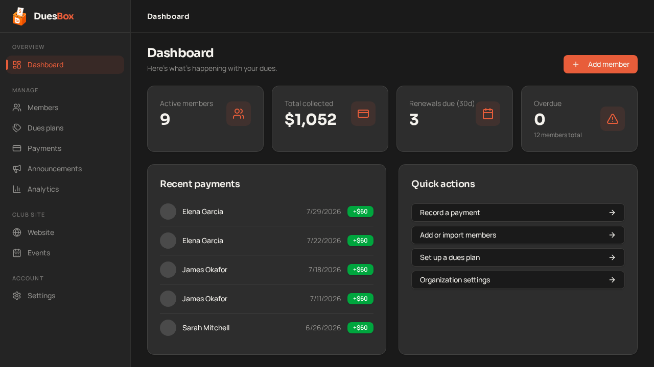 The DuesBox treasurer dashboard showing active members, total dues collected, upcoming renewals, and recent payments for a sample running club